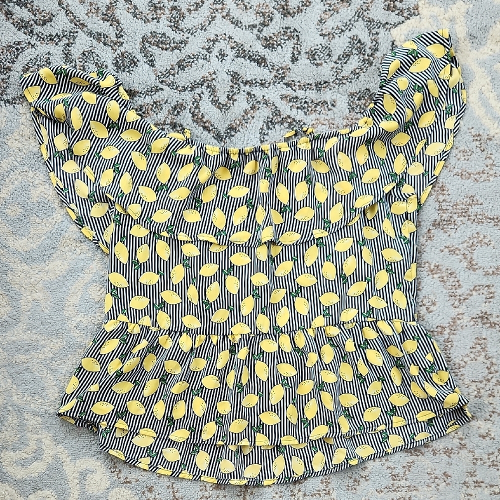 Lily White Off Shoulder Lemon Print Blouse Yellow Black Large - Picture 6 of 6